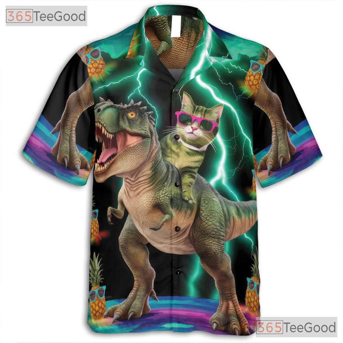 Funny Cat On T-Rex Pineapple Dinosaur Print Hawaiian Shirt Men Women Outfit