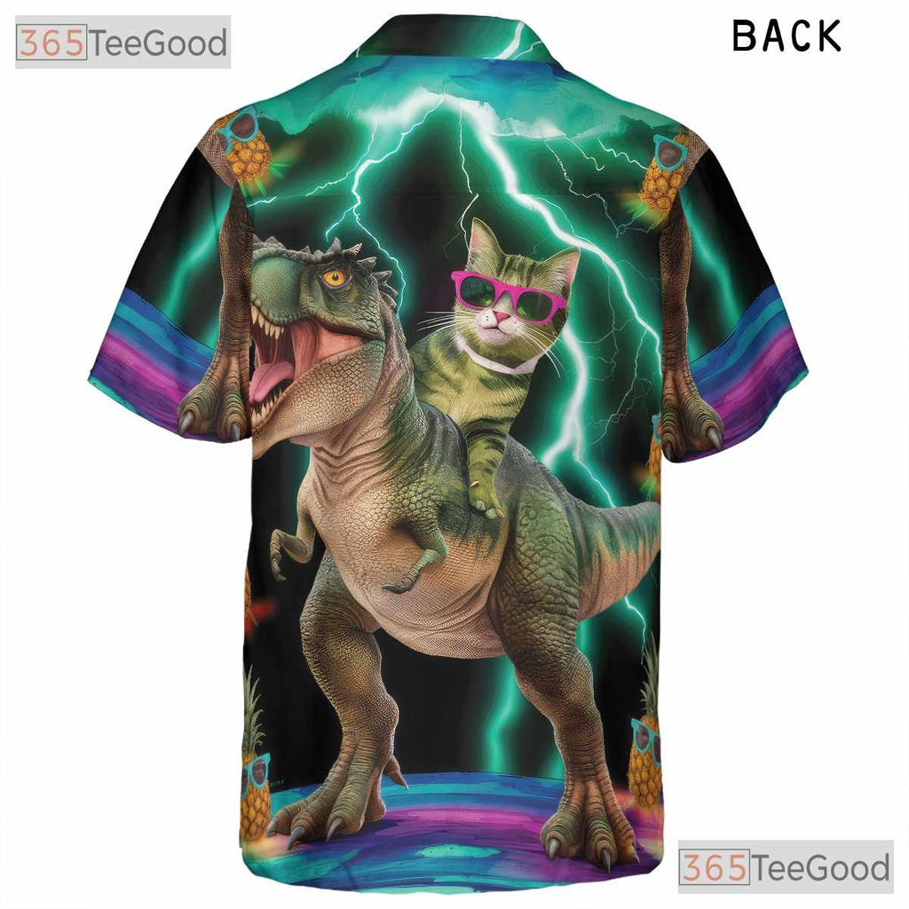Funny Cat On T-Rex Pineapple Dinosaur Print Hawaiian Shirt Men Women Outfit