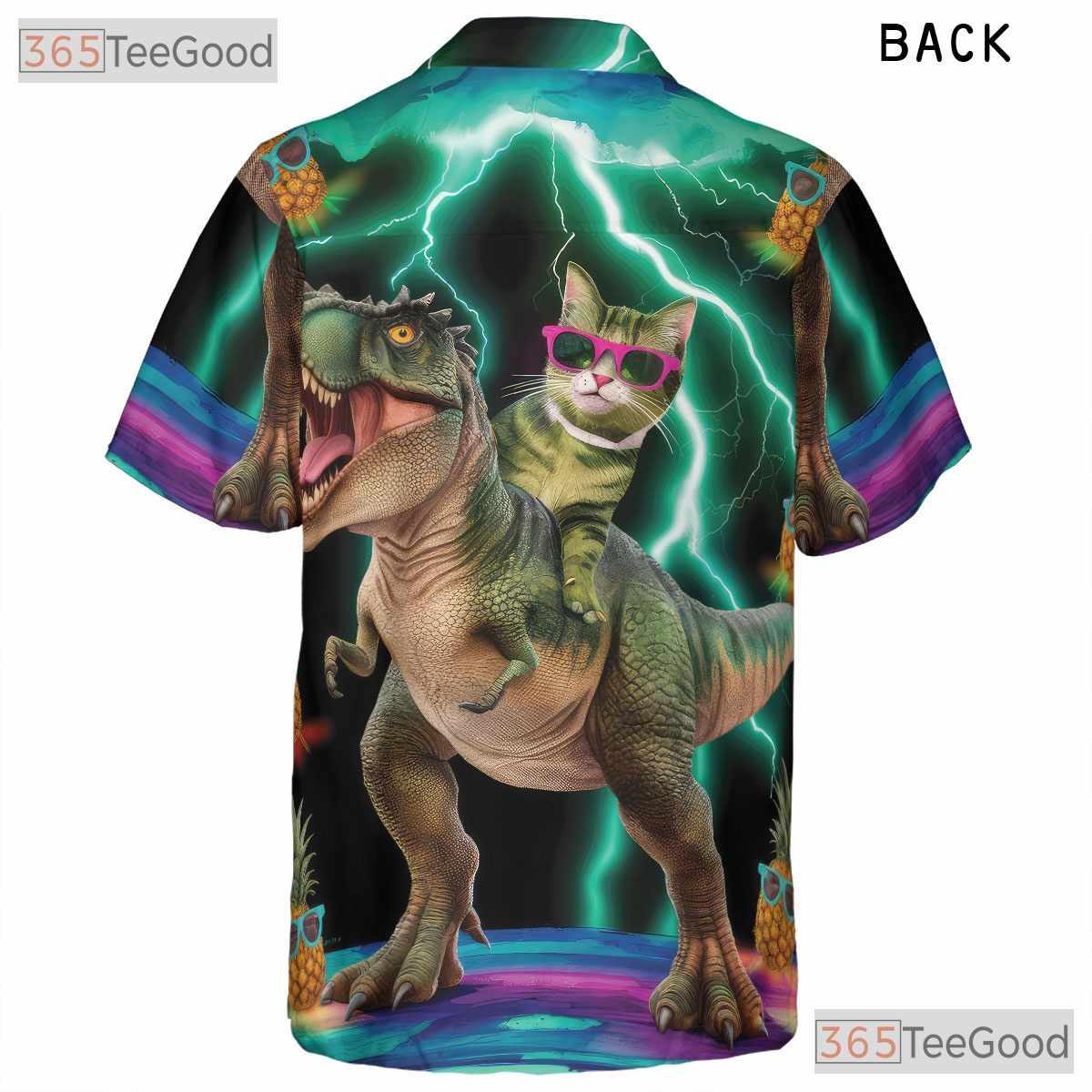 Funny Cat On T-Rex Pineapple Dinosaur Print Hawaiian Shirt Men Women Outfit