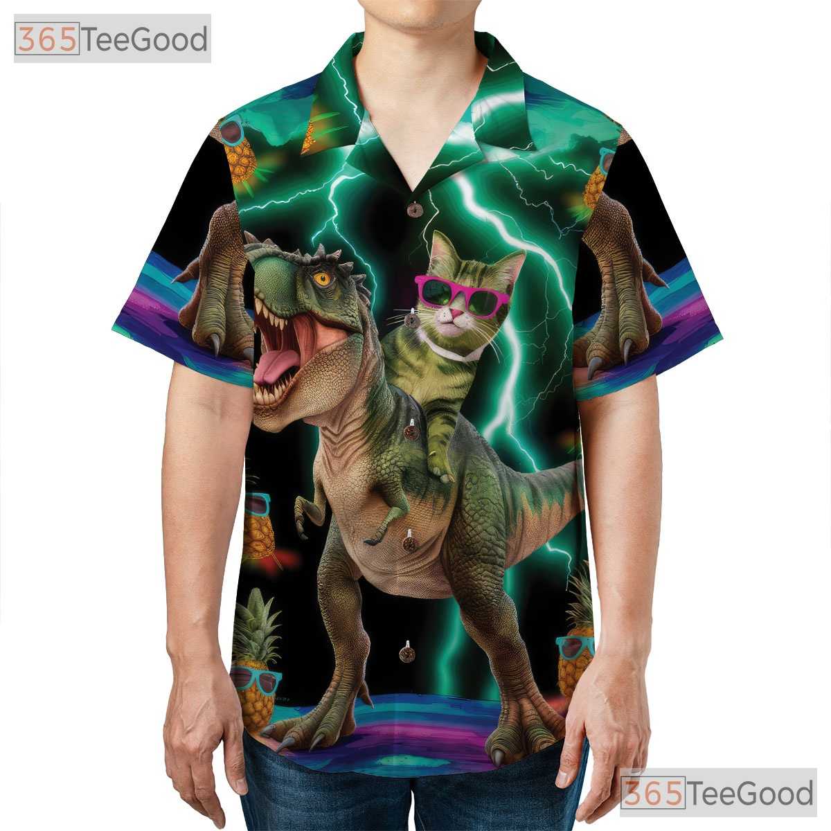 Funny Cat On T-Rex Pineapple Dinosaur Print Hawaiian Shirt Men Women Outfit