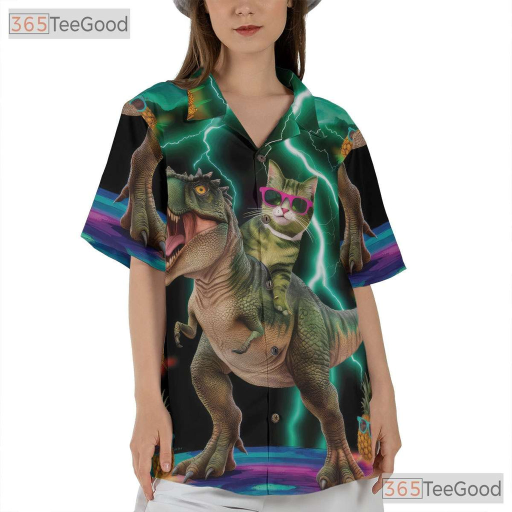 Funny Cat On T-Rex Pineapple Dinosaur Print Hawaiian Shirt Men Women Outfit