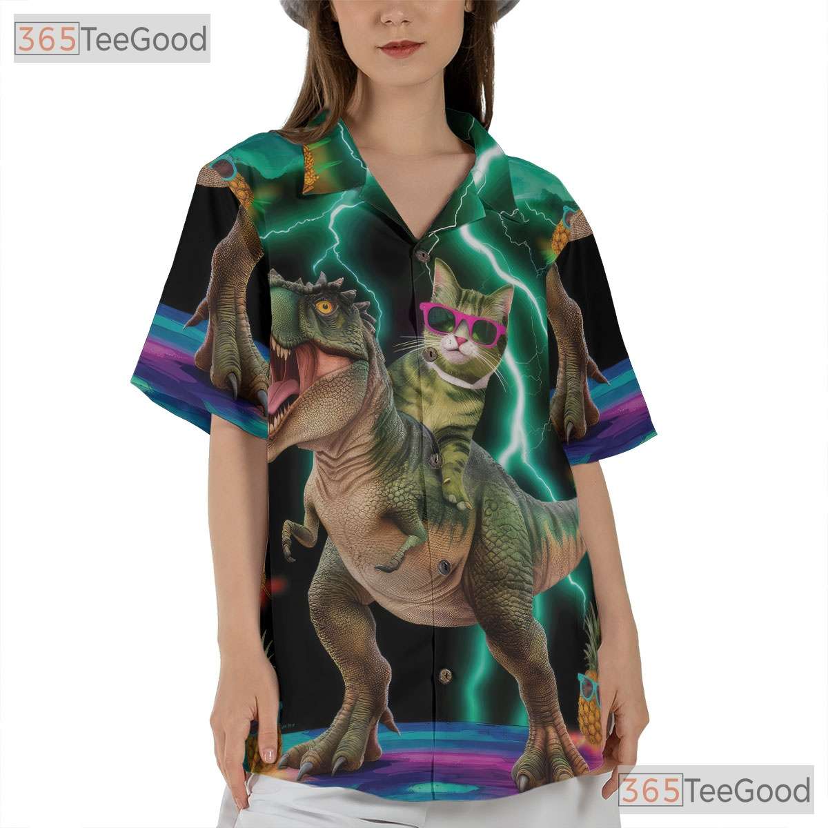 Funny Cat On T-Rex Pineapple Dinosaur Print Hawaiian Shirt Men Women Outfit