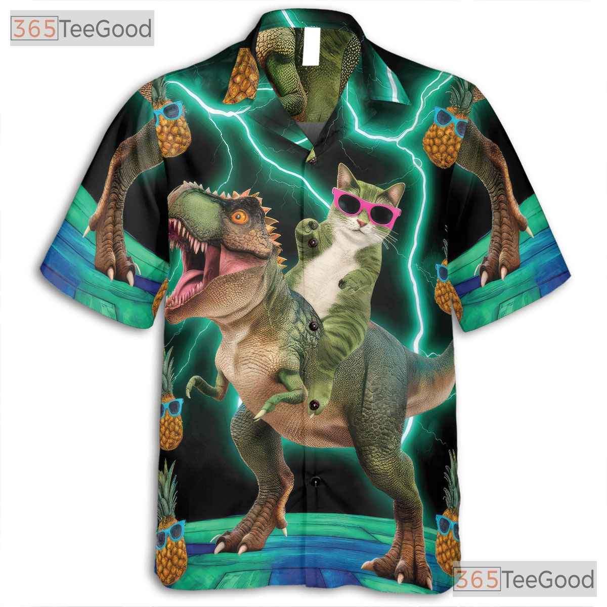 Funny Cat Riding T-Rex Pineapple Dinosaur Print Hawaiian Shirt Unisex Top