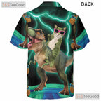 Funny Cat Riding T-Rex Pineapple Dinosaur Print Hawaiian Shirt Unisex Top