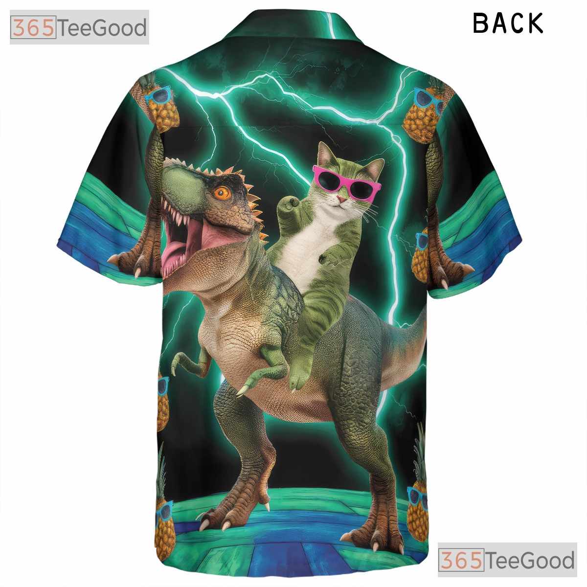 Funny Cat Riding T-Rex Pineapple Dinosaur Print Hawaiian Shirt Unisex Top