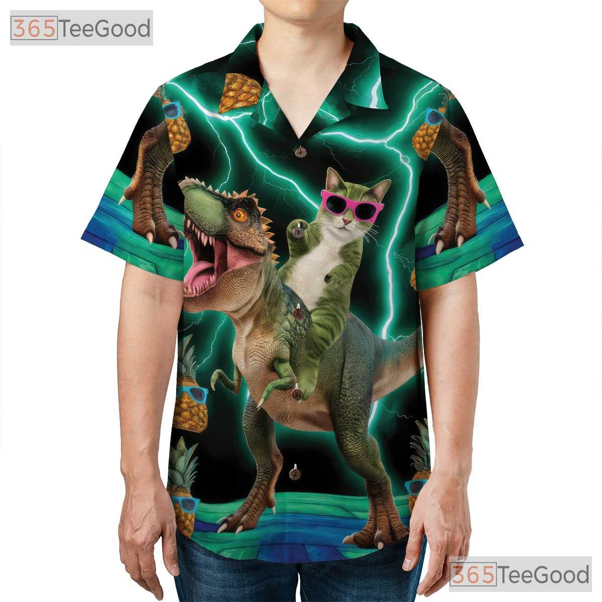 Funny Cat Riding T-Rex Pineapple Dinosaur Print Hawaiian Shirt Unisex Top