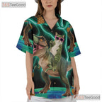 Funny Cat Riding T-Rex Pineapple Dinosaur Print Hawaiian Shirt Unisex Top