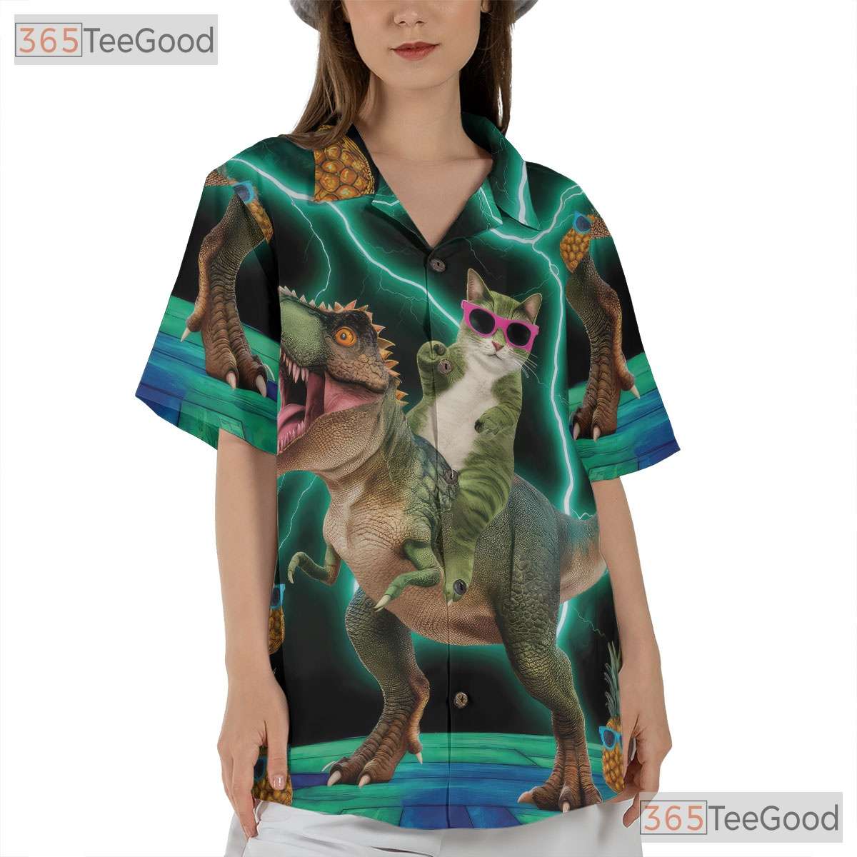 Funny Cat Riding T-Rex Pineapple Dinosaur Print Hawaiian Shirt Unisex Top