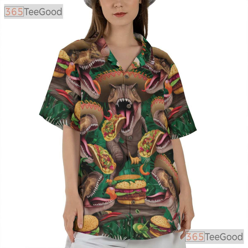 Funny Dinosaur Taco Party Hawaiian Tee - Adult Tropical T-Rex Aloha Shirt
