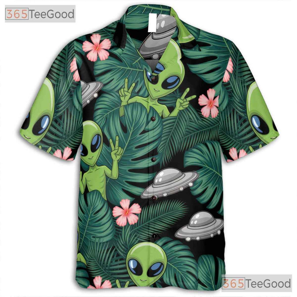 Funny Green Alien Hawaiian Shirt- Unisex UFO Extraterrestrial Beach Luau Top