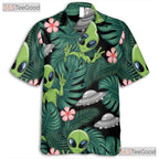 Funny Green Alien Hawaiian Shirt- Unisex UFO Extraterrestrial Beach Luau Top
