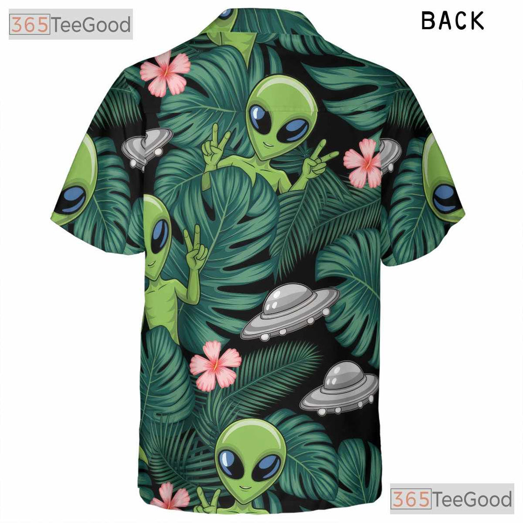 Funny Green Alien Hawaiian Shirt- Unisex UFO Extraterrestrial Beach Luau Top