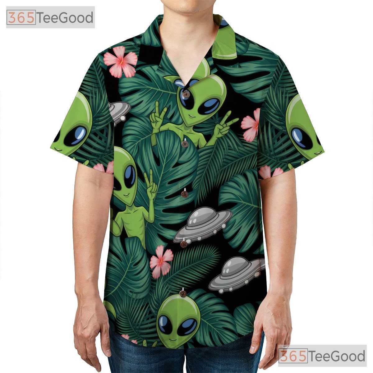Funny Green Alien Hawaiian Shirt- Unisex UFO Extraterrestrial Beach Luau Top