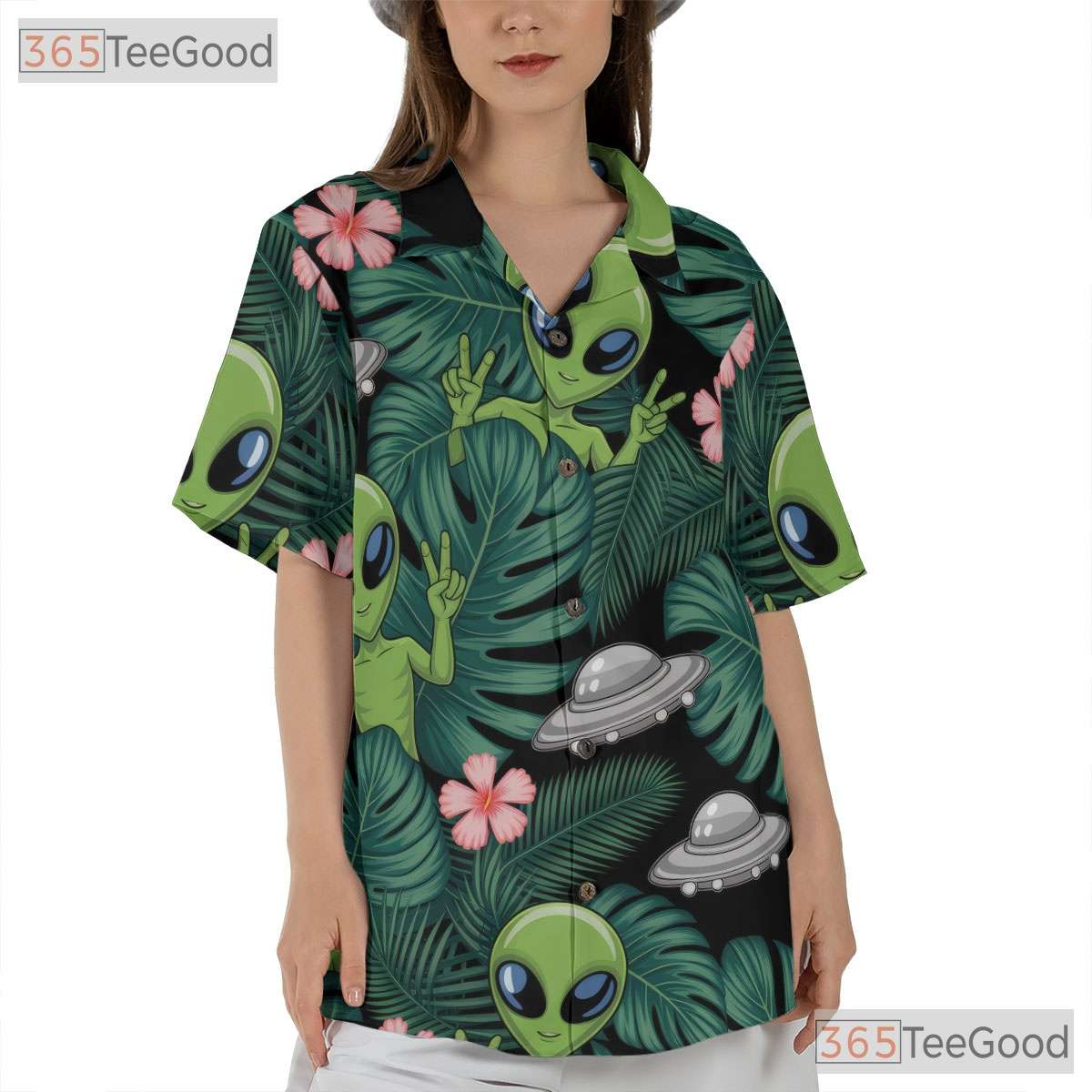 Funny Green Alien Hawaiian Shirt- Unisex UFO Extraterrestrial Beach Luau Top