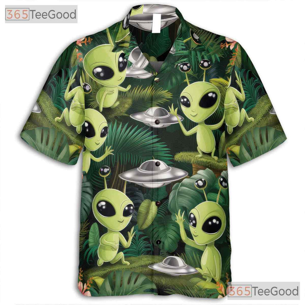 Funny Green Alien Hawaiian Tee - Unisex Retro UFO Aloha Vacation Wear Shirt