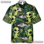 Funny Green Alien Hawaiian Tee - Unisex Retro UFO Aloha Vacation Wear Shirt