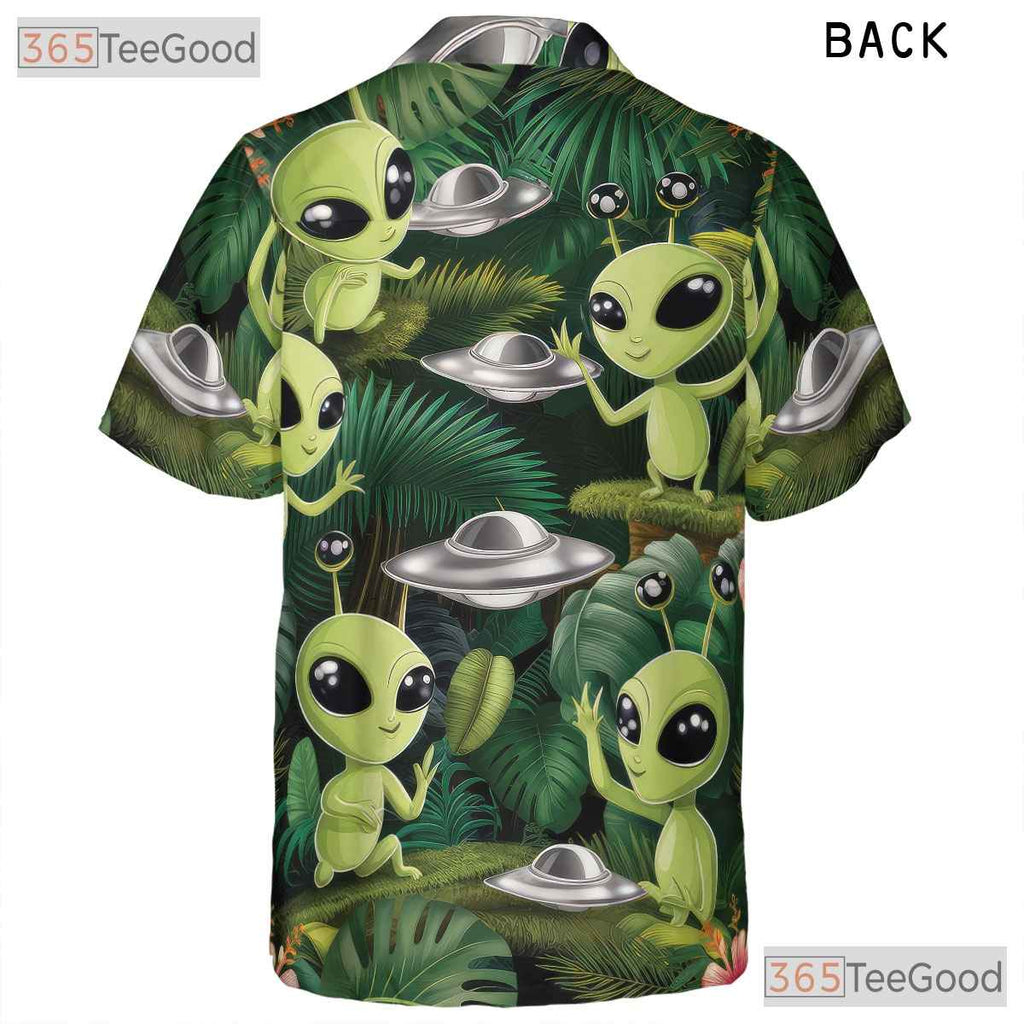 Funny Green Alien Hawaiian Tee - Unisex Retro UFO Aloha Vacation Wear Shirt
