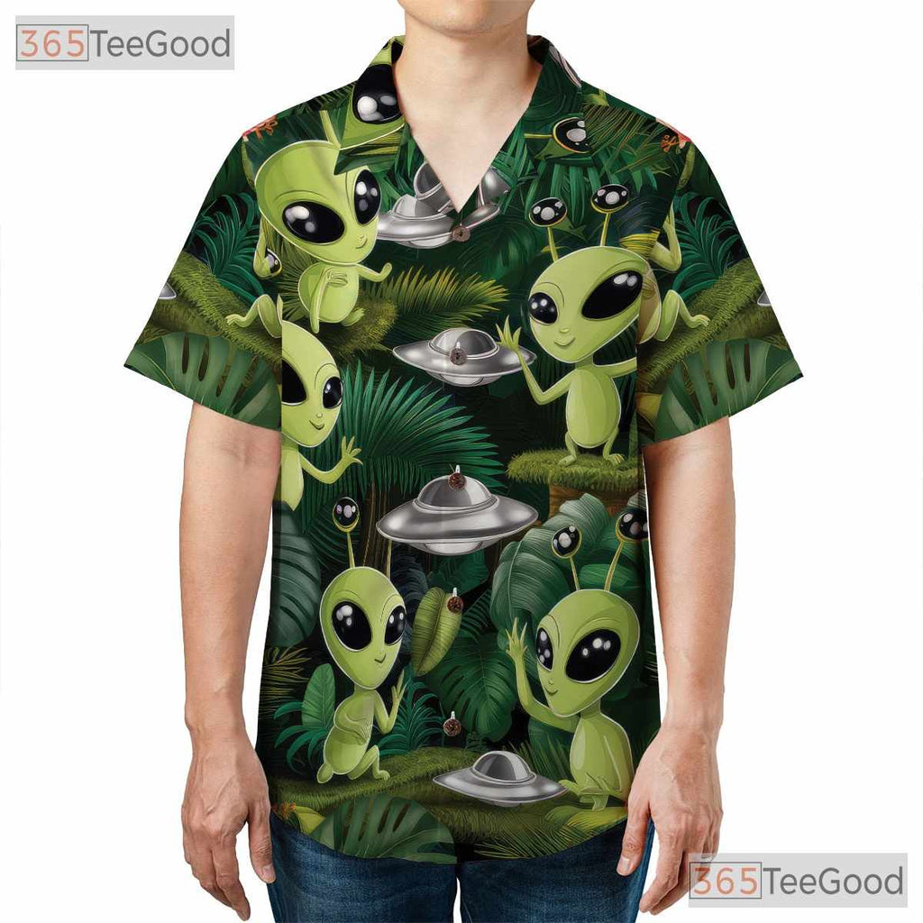 Funny Green Alien Hawaiian Tee - Unisex Retro UFO Aloha Vacation Wear Shirt