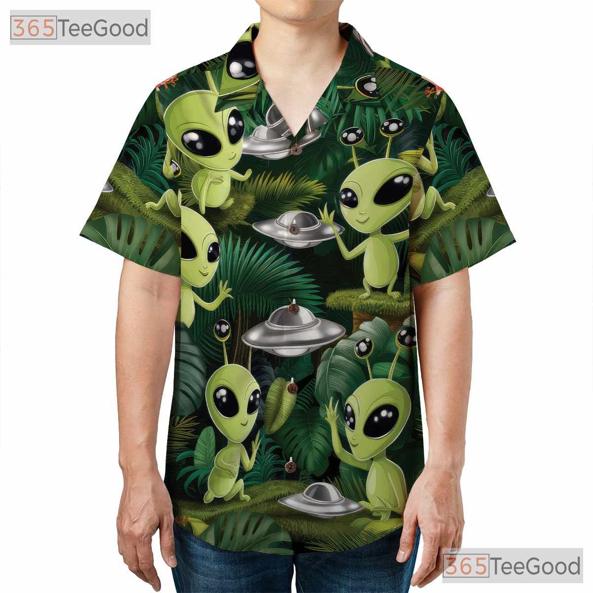 Funny Green Alien Hawaiian Tee - Unisex Retro UFO Aloha Vacation Wear Shirt