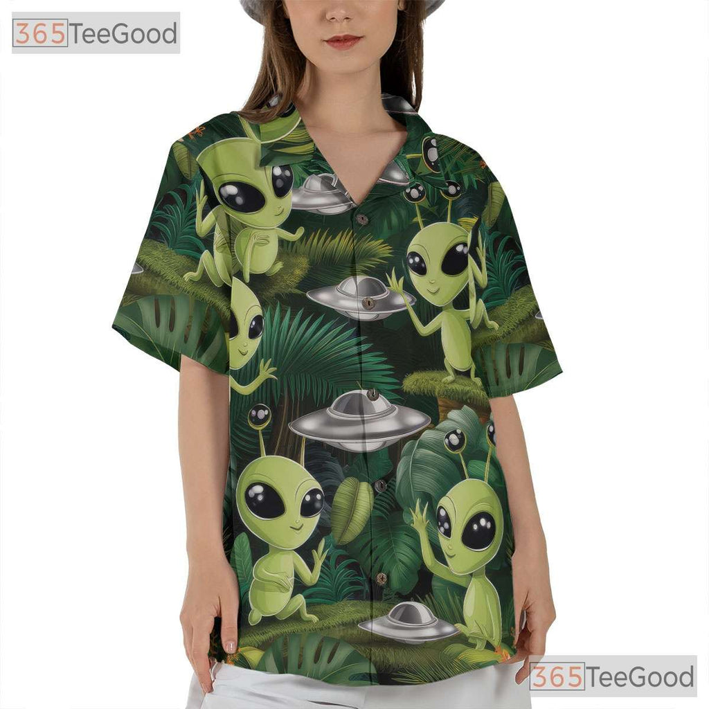 Funny Green Alien Hawaiian Tee - Unisex Retro UFO Aloha Vacation Wear Shirt