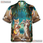 Funny Guitar Cat Hawaiian Tee- Unisex Palm Tree Sunset Tropical Beach Top