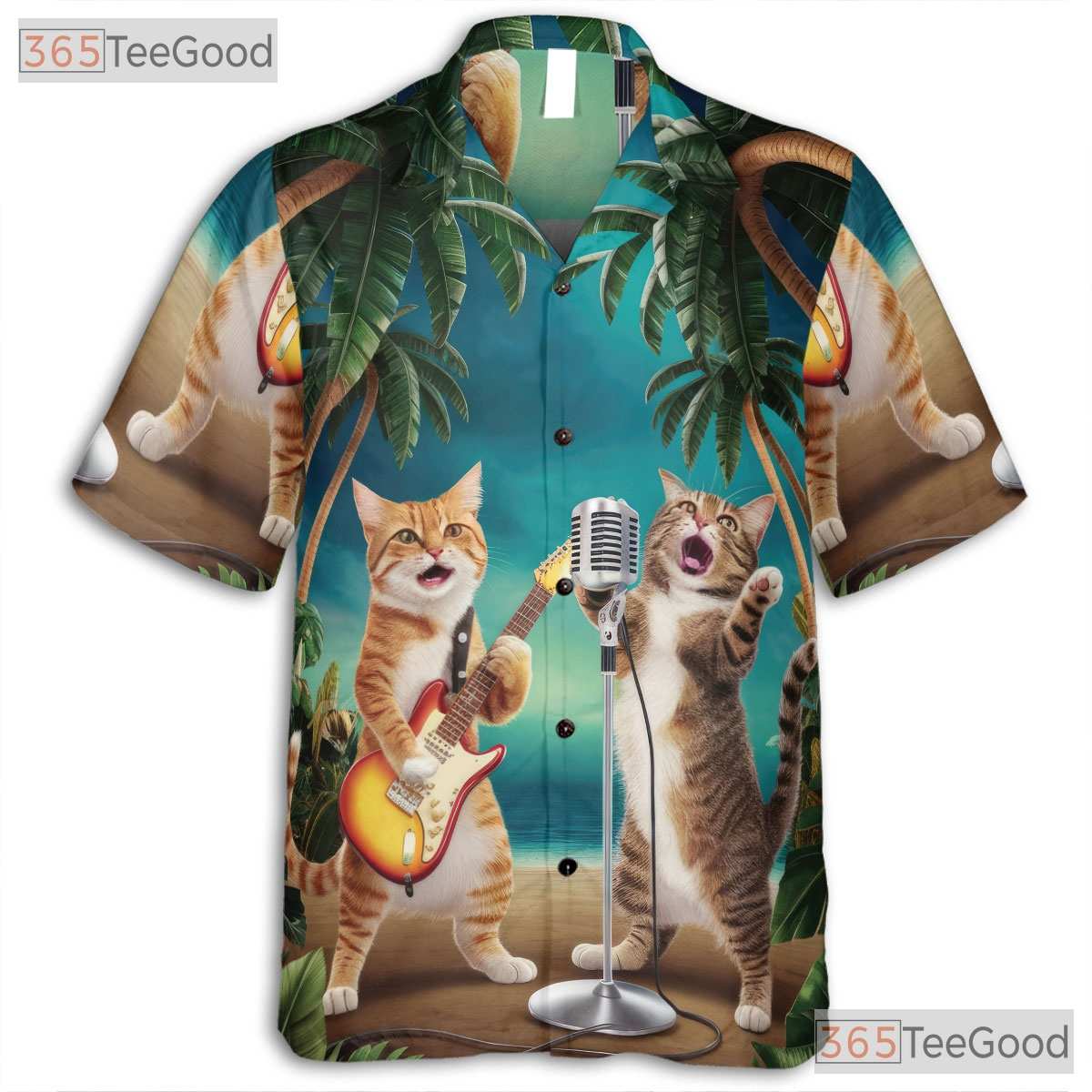 Funny Guitar Cat Hawaiian Tee- Unisex Palm Tree Sunset Tropical Beach Top