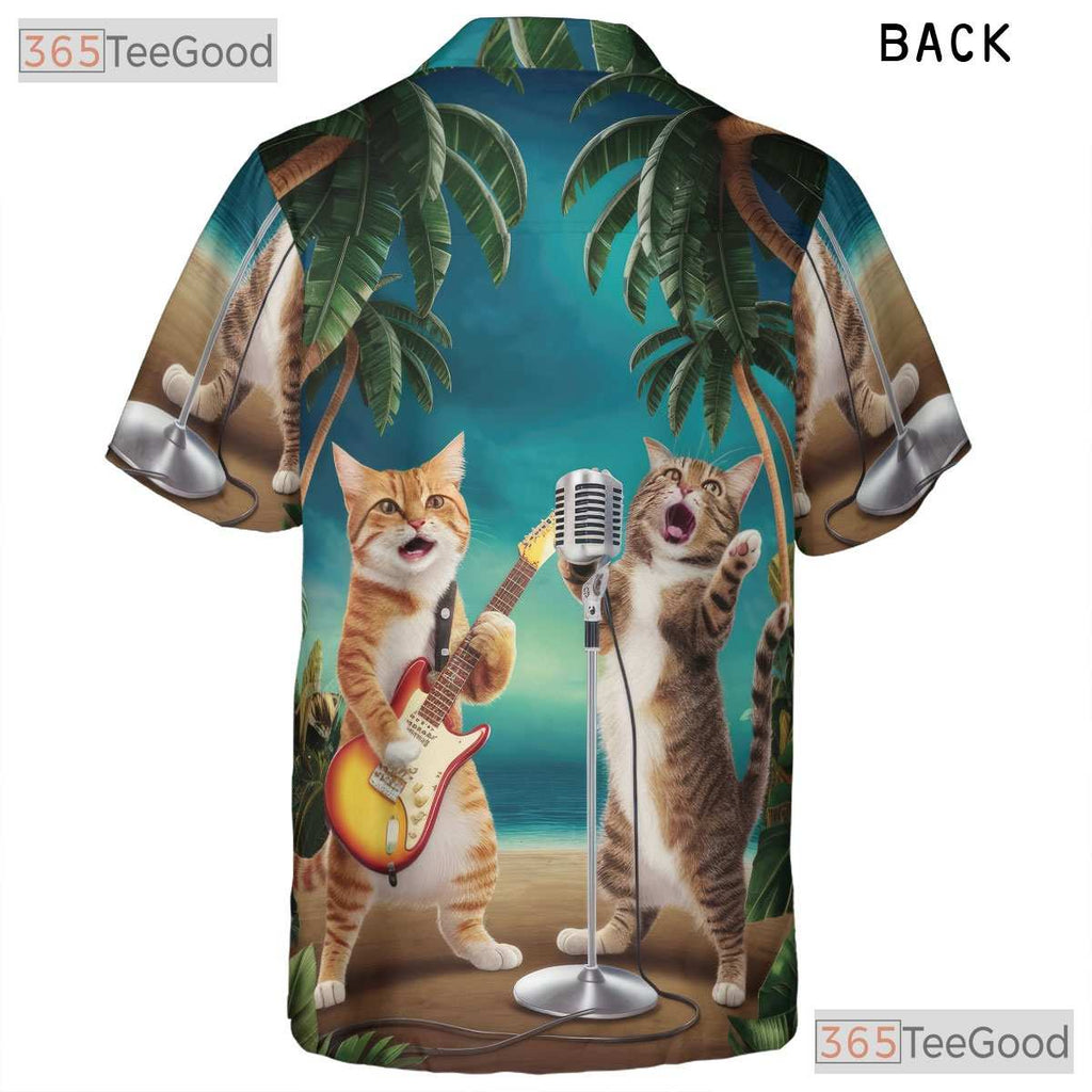 Funny Guitar Cat Hawaiian Tee- Unisex Palm Tree Sunset Tropical Beach Top