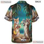 Funny Guitar Cat Hawaiian Tee- Unisex Palm Tree Sunset Tropical Beach Top