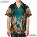 Funny Guitar Cat Hawaiian Tee- Unisex Palm Tree Sunset Tropical Beach Top