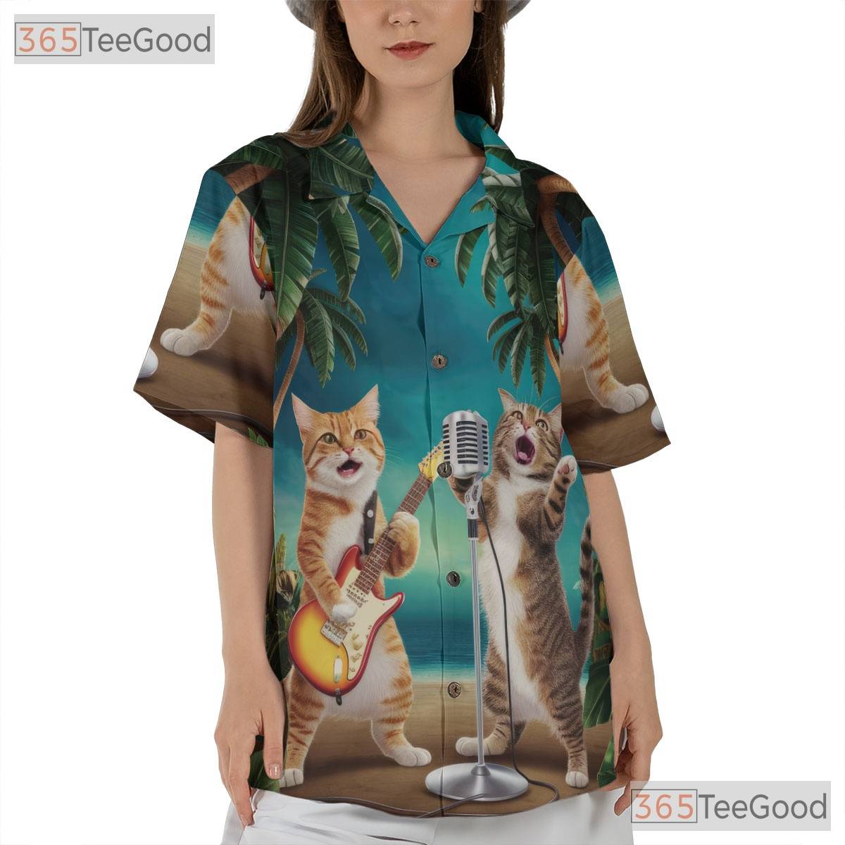 Funny Guitar Cat Hawaiian Tee- Unisex Palm Tree Sunset Tropical Beach Top