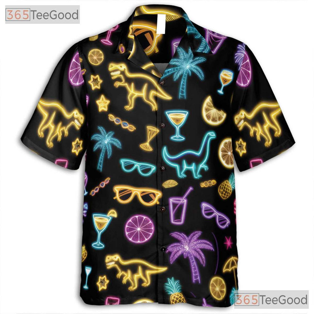 Funny Neon Dinosaur Cocktail Hawaiian Shirt- Unisex Tropical Palm Summer Tee