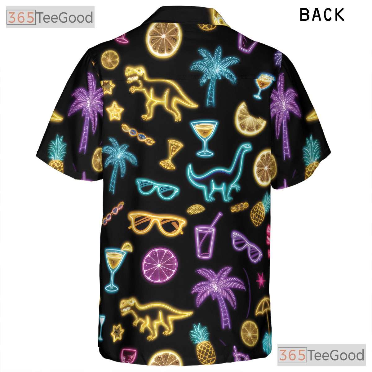 Funny Neon Dinosaur Cocktail Hawaiian Shirt- Unisex Tropical Palm Summer Tee