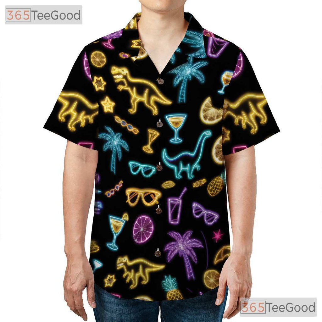 Funny Neon Dinosaur Cocktail Hawaiian Shirt- Unisex Tropical Palm Summer Tee