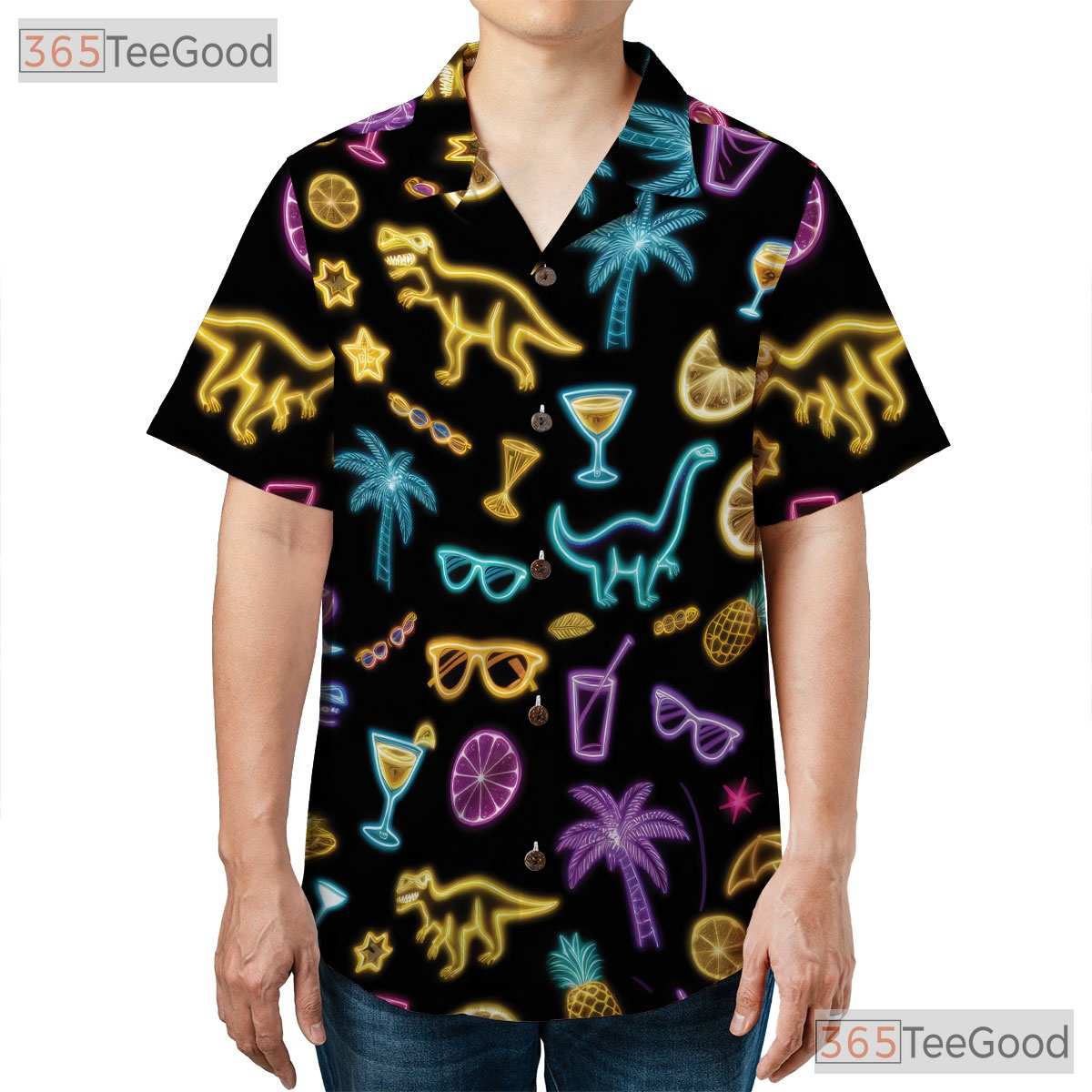 Funny Neon Dinosaur Cocktail Hawaiian Shirt- Unisex Tropical Palm Summer Tee