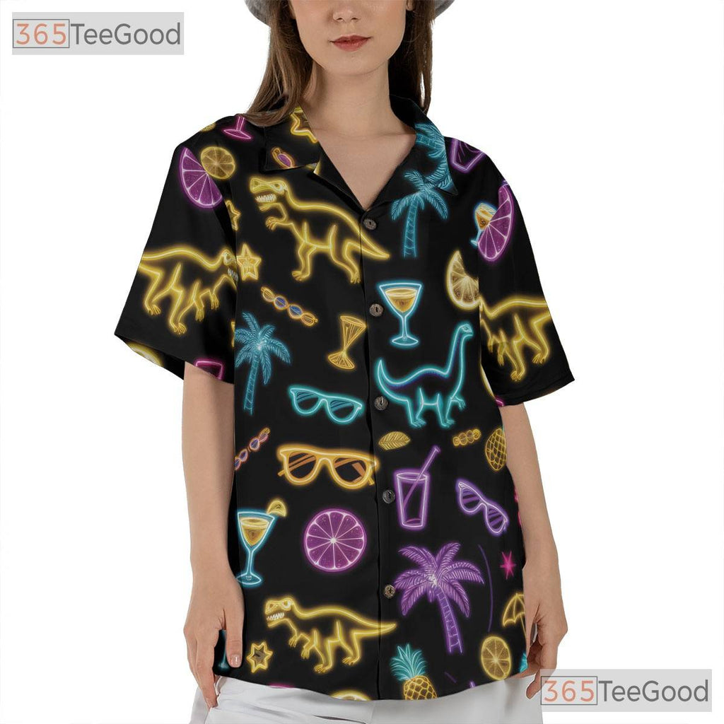 Funny Neon Dinosaur Cocktail Hawaiian Shirt- Unisex Tropical Palm Summer Tee