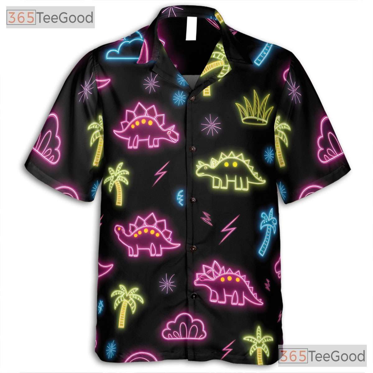 Funny Neon Dinosaur Hawaiian Shirt- Unisex Tropical Cool Summer Button-Up