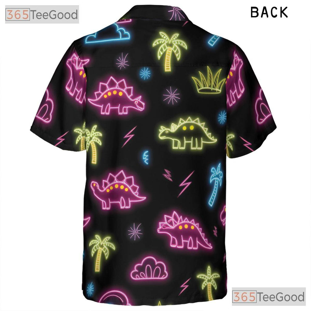 Funny Neon Dinosaur Hawaiian Shirt- Unisex Tropical Cool Summer Button-Up