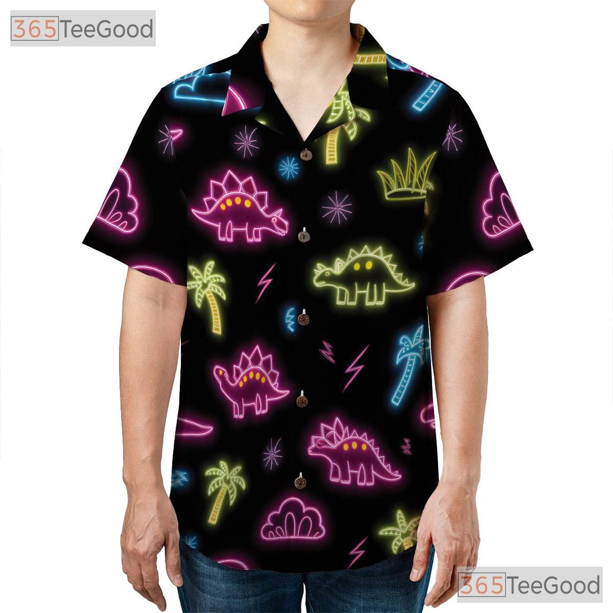 Funny Neon Dinosaur Hawaiian Shirt- Unisex Tropical Cool Summer Button-Up