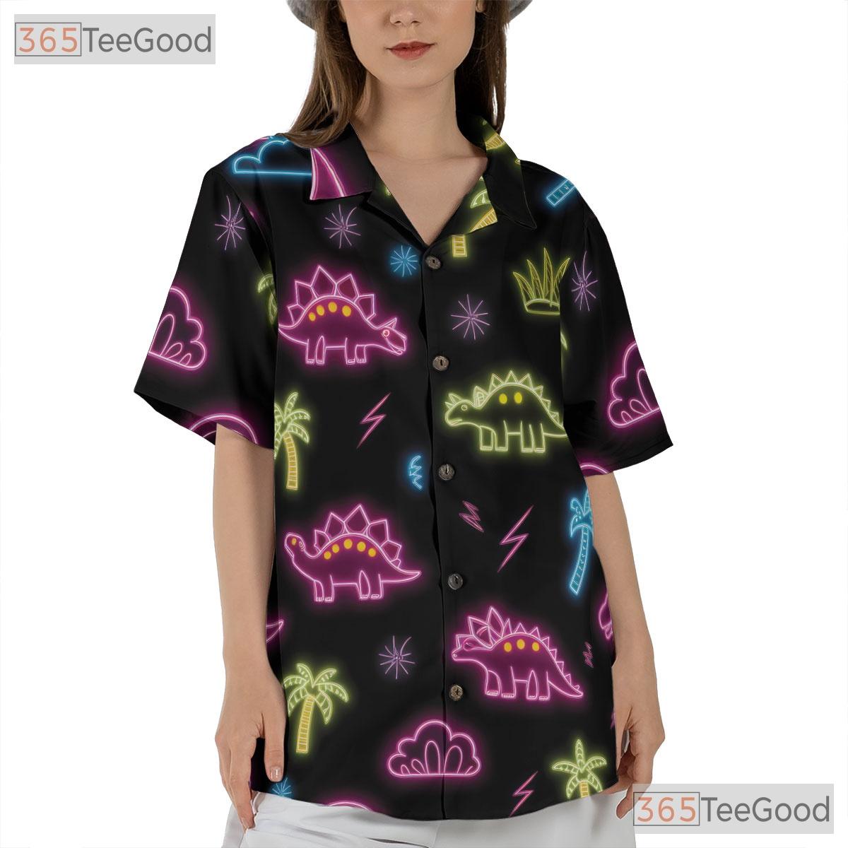 Funny Neon Dinosaur Hawaiian Shirt- Unisex Tropical Cool Summer Button-Up