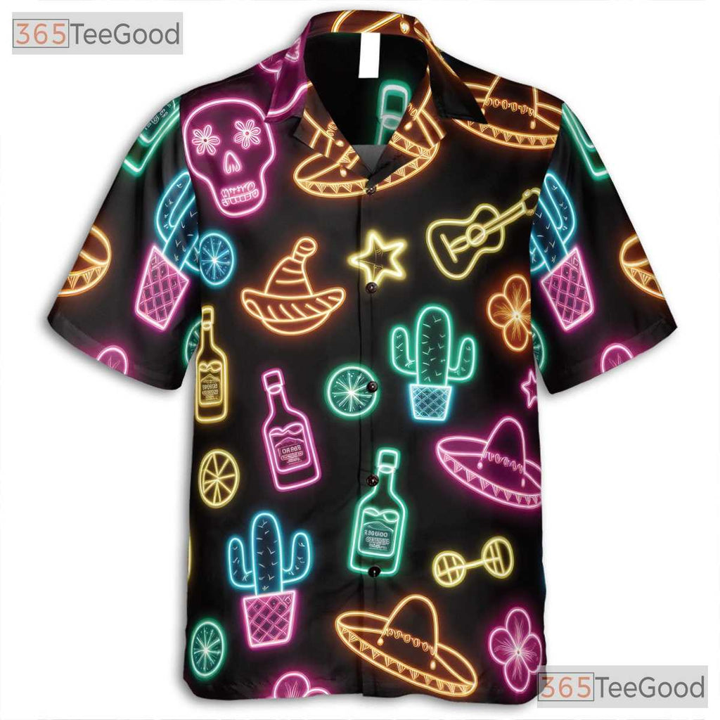 Funny Neon Fiesta Skull Hawaiian Shirt- Unisex Cactus Guitar Summer Party Top