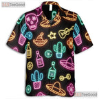 Funny Neon Fiesta Skull Hawaiian Shirt- Unisex Cactus Guitar Summer Party Top