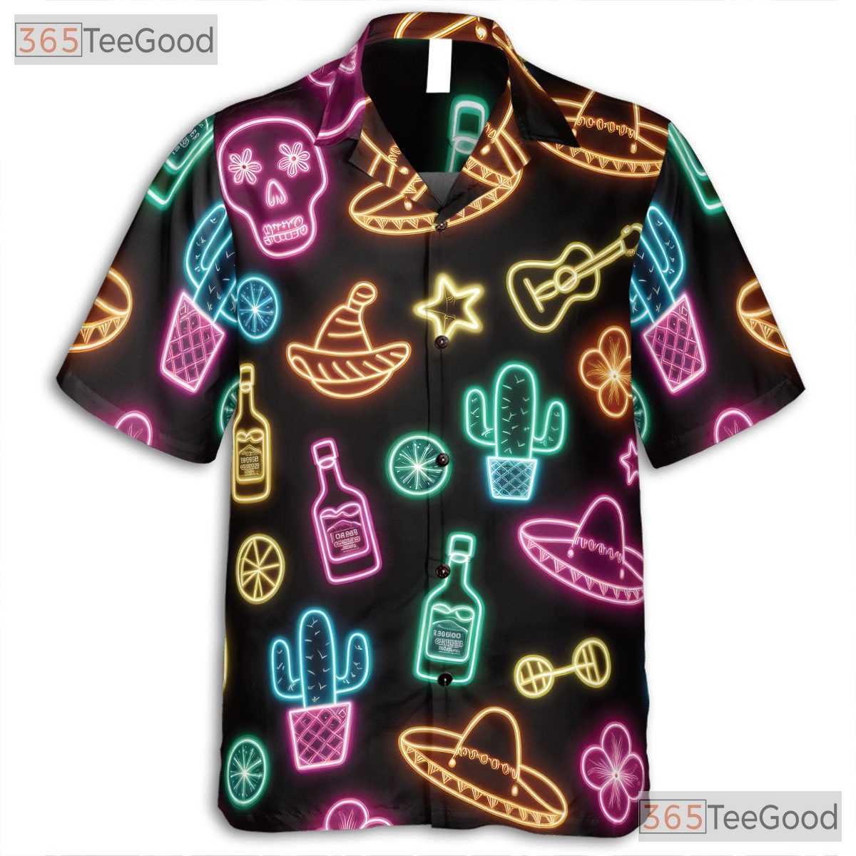 Funny Neon Fiesta Skull Hawaiian Shirt- Unisex Cactus Guitar Summer Party Top