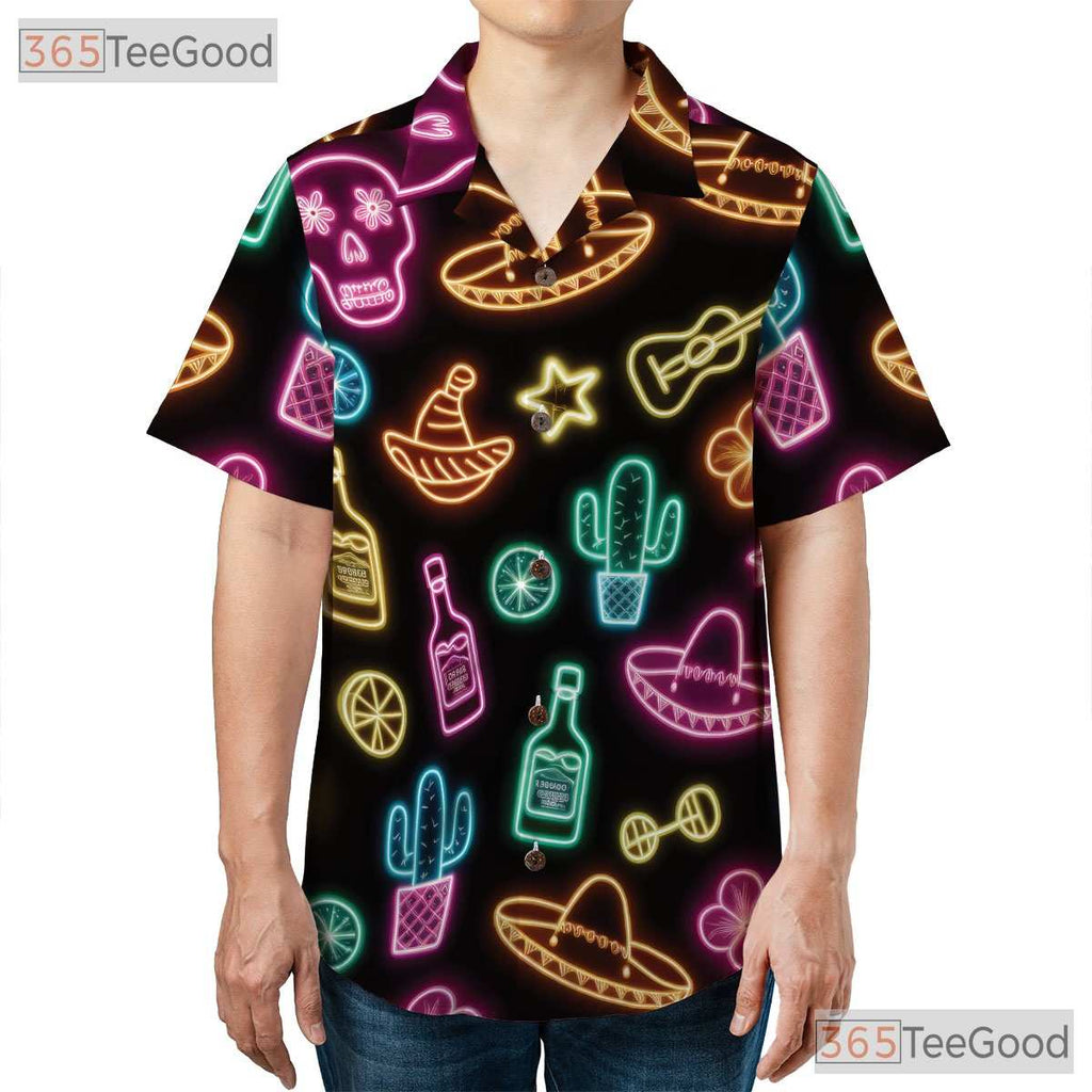 Funny Neon Fiesta Skull Hawaiian Shirt- Unisex Cactus Guitar Summer Party Top