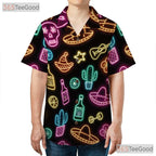 Funny Neon Fiesta Skull Hawaiian Shirt- Unisex Cactus Guitar Summer Party Top