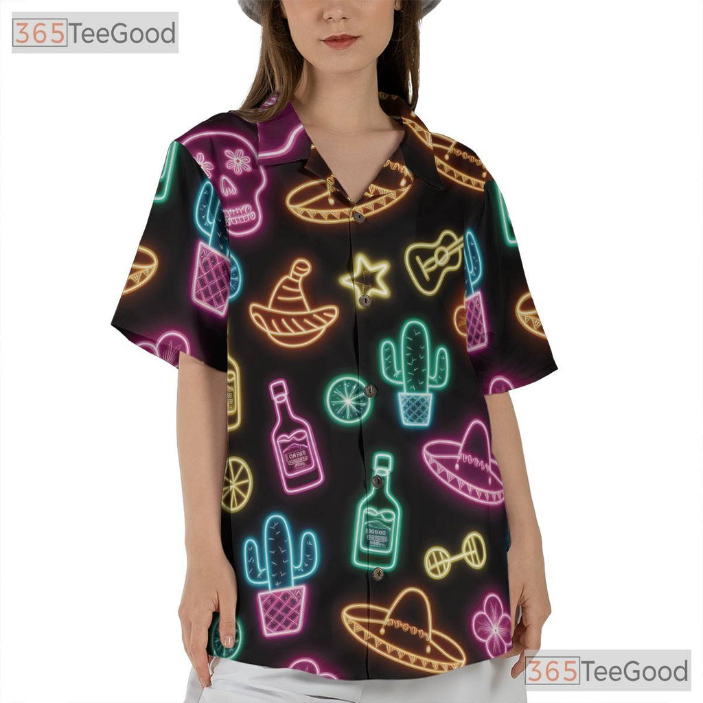 Funny Neon Fiesta Skull Hawaiian Shirt- Unisex Cactus Guitar Summer Party Top