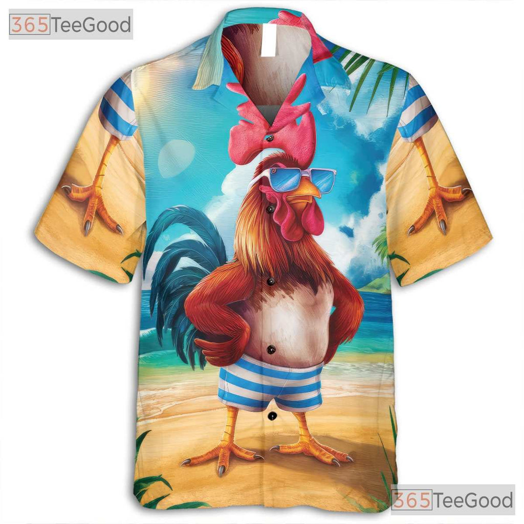 Funny Rooster Beach Sunset Animal Print Hawaiian Tee Unisex Vacation Outfit