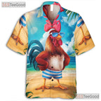 Funny Rooster Beach Sunset Animal Print Hawaiian Tee Unisex Vacation Outfit