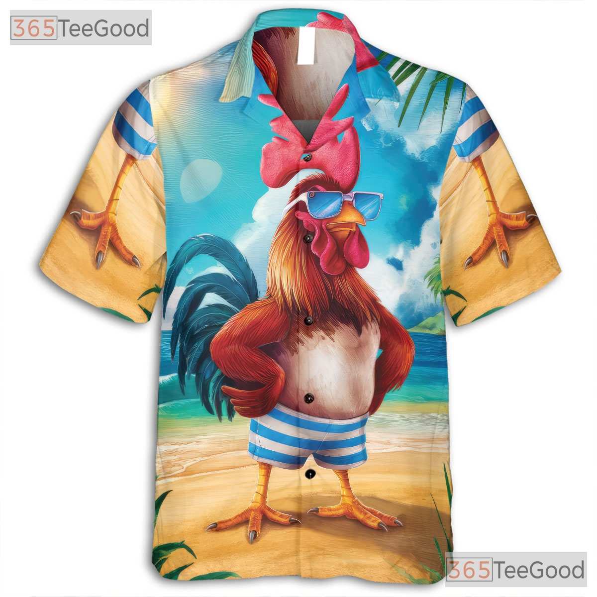 Funny Rooster Beach Sunset Animal Print Hawaiian Tee Unisex Vacation Outfit
