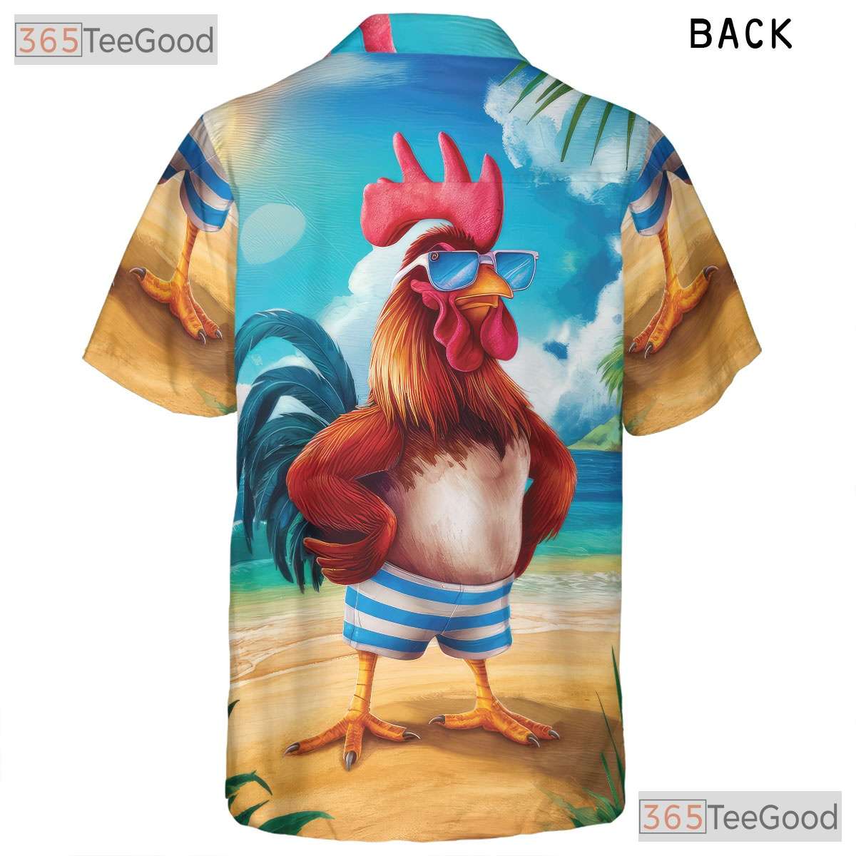 Funny Rooster Beach Sunset Animal Print Hawaiian Tee Unisex Vacation Outfit