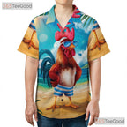 Funny Rooster Beach Sunset Animal Print Hawaiian Tee Unisex Vacation Outfit